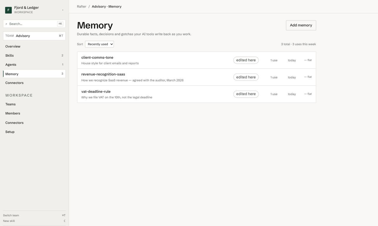 A team's memory in Rafter: durable facts and decisions with descriptions and usage