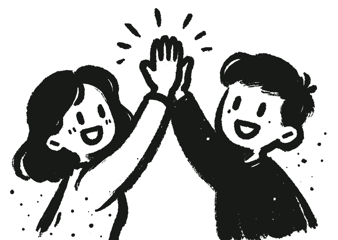 Hand-drawn ink illustration of Kari and Ole grinning as they high-five.