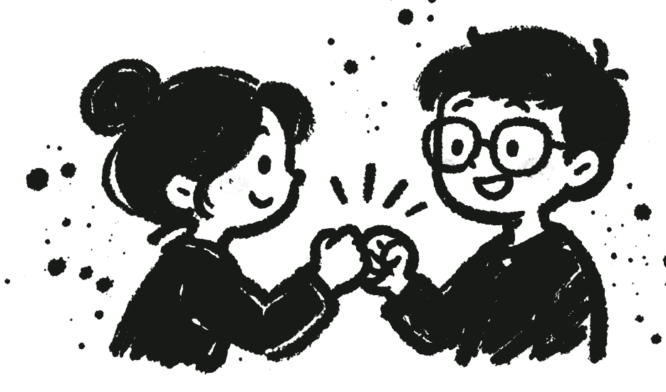 Hand-drawn ink illustration of Ingrid and Jonas grinning as they fist-bump.
