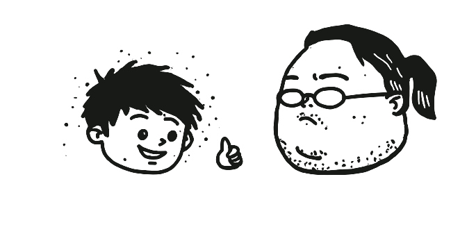 Hand-drawn ink illustration of a junior developer giving a thumbs-up beside the ponytail senior developer.