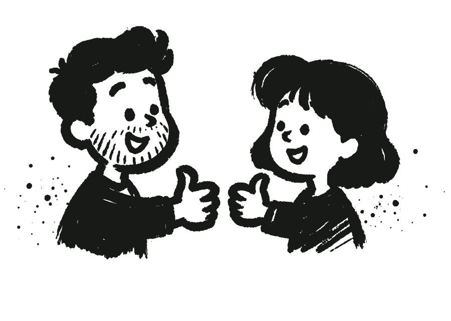 Hand-drawn ink illustration of Per and Marte smiling and giving each other a thumbs-up.