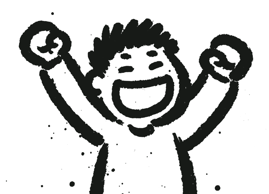 Hand-drawn ink illustration of Olav, overjoyed, hands raised after instantly finding what he needed.